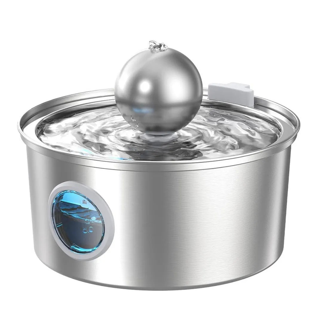 Stainless steel pet water dispenser with round basin and window faucet for dogs and cats.