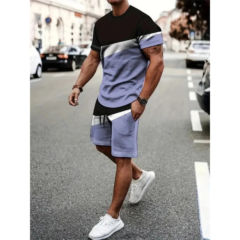Men's two-piece polyester short-sleeved T-shirt and shorts leisure suit in outdoor setting