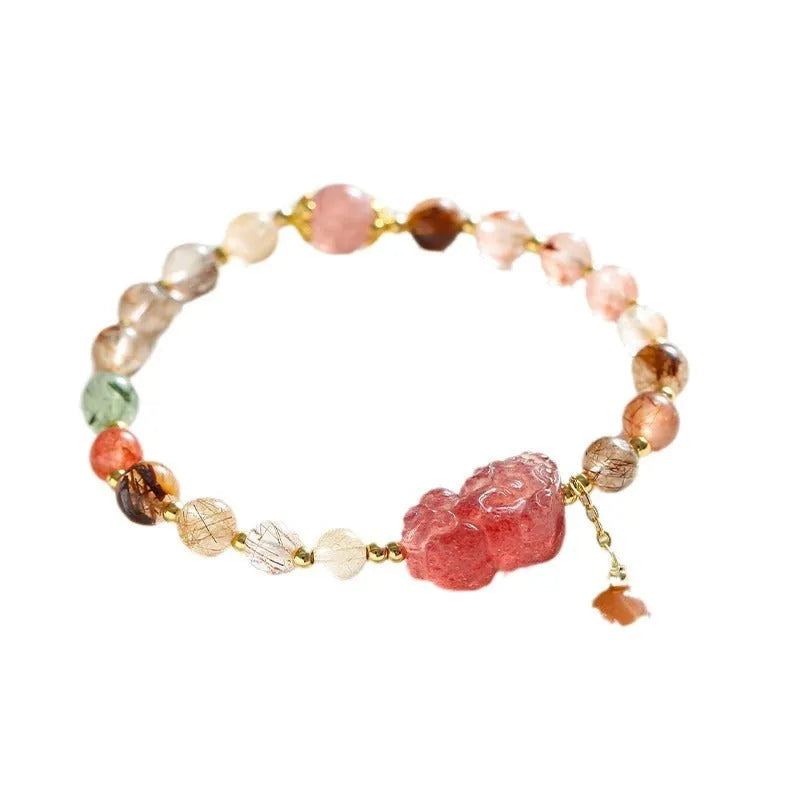 Chinese style strawberry quartz crystal bracelet with copper setting and pearl accents for women