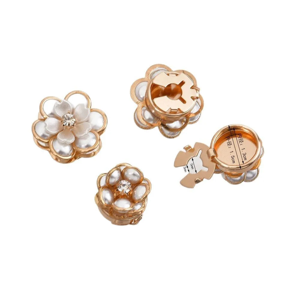 Pearl camellia scarf buckle in alloy with diamond treatment finish, flower shape, available in Style 1 and Style 2