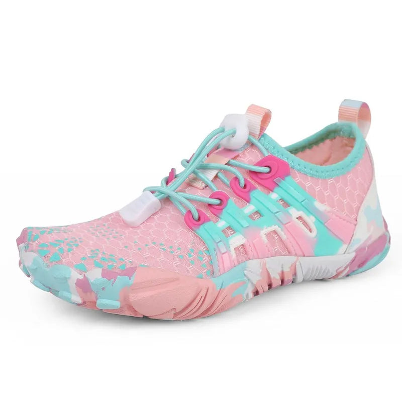 Children's quick-drying hiking wading shoes with non-slip rubber sole, breathable upper, in black and pink, sizes 26-38