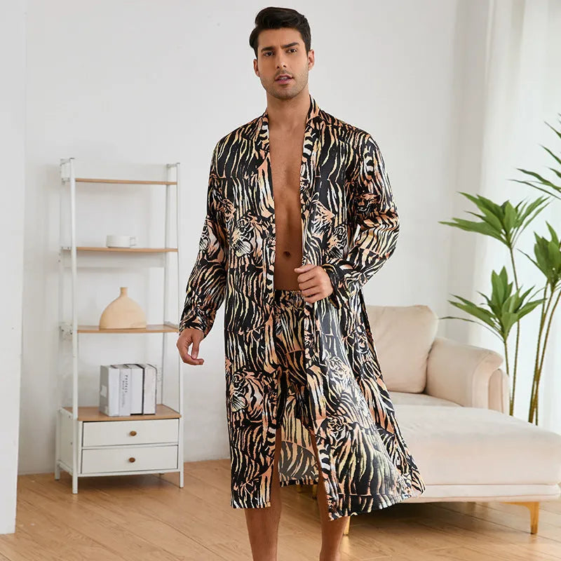 Men's tiger print bathrobe set with long sleeves and matching shorts