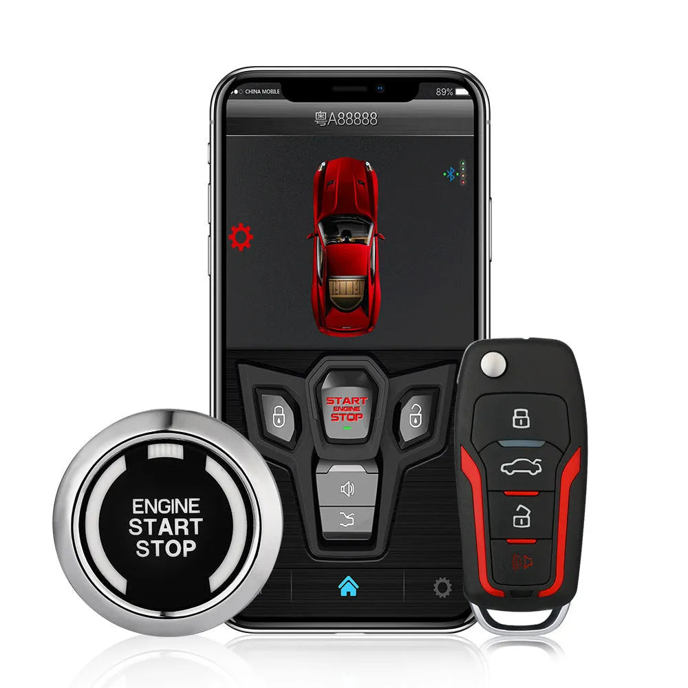 Red and frosted black one-way remote control car alarm system with two remotes for vehicle security.