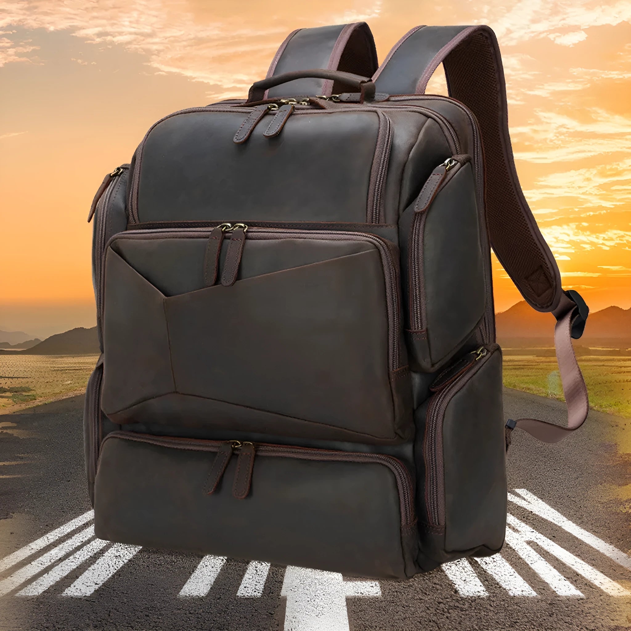 Dark brown men's leather backpack open to show internal compartments for a 17-inch laptop and organisation pockets.