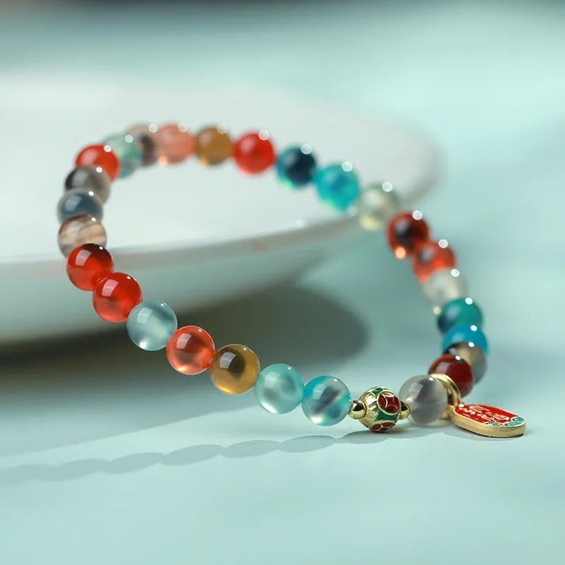 Women's natural agate snake bracelet with copper coin and coloured glaze decoration in choice of symbolic patterns