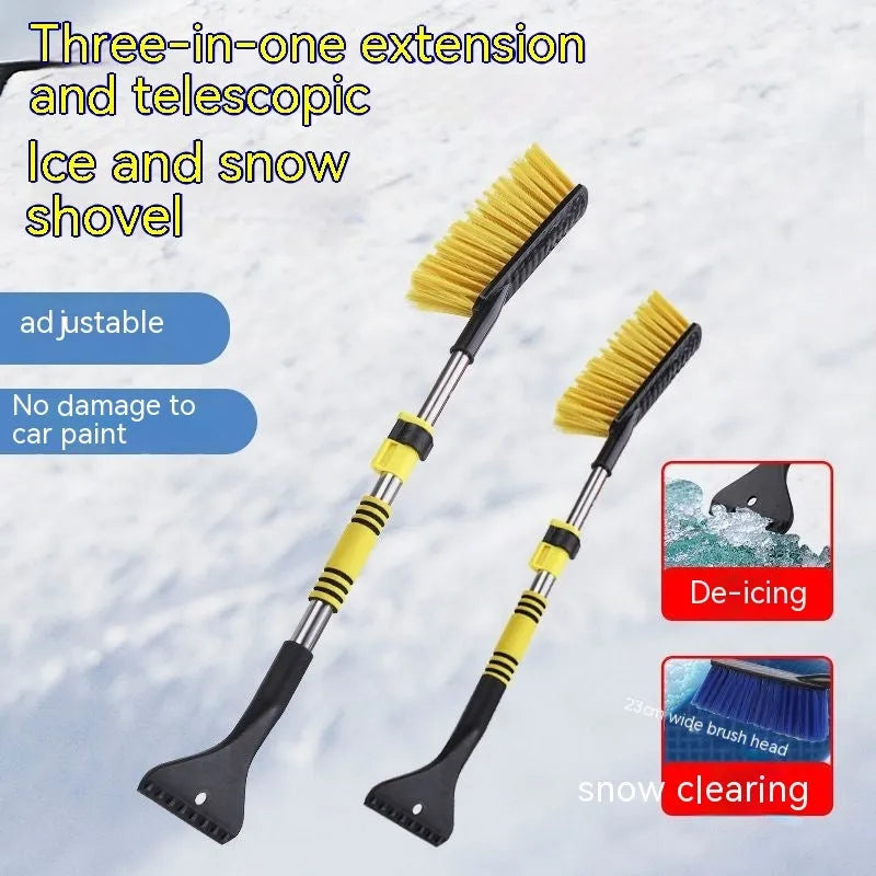 Yellow telescopic car snow brush and ice scraper with long handle for clearing vehicle roofs and windscreens