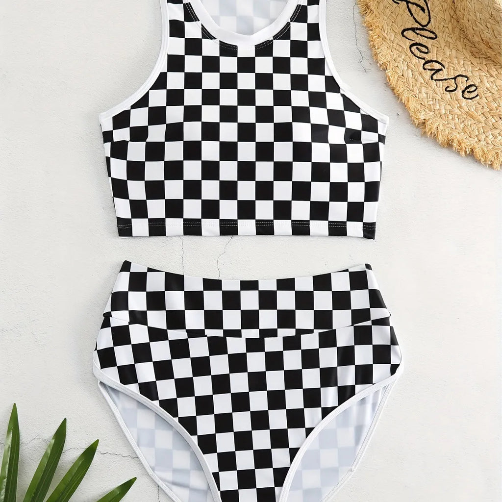 Adult female backless racing swimsuit with suspender straps in checkerboard print pattern