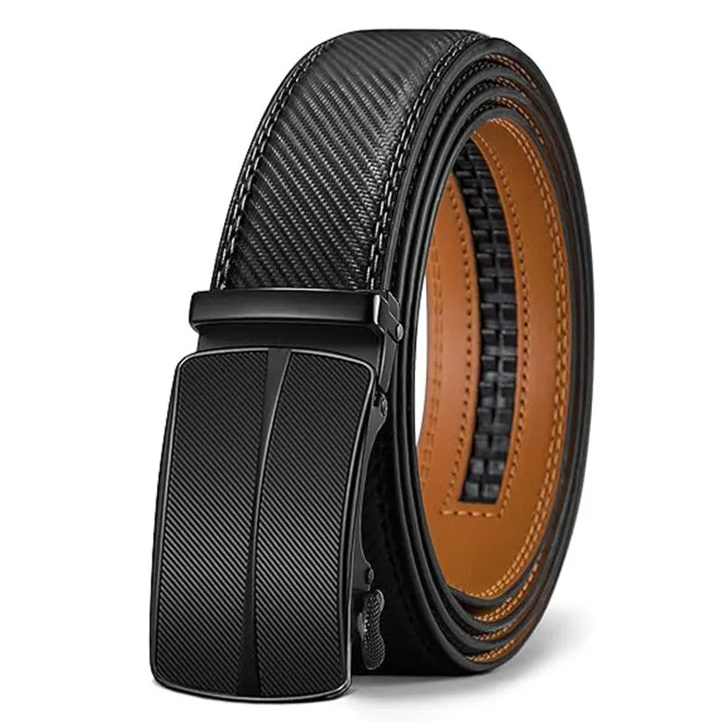 Men's automatic buckle belt in embossed PU leather with alloy buckle, showing colour style options.