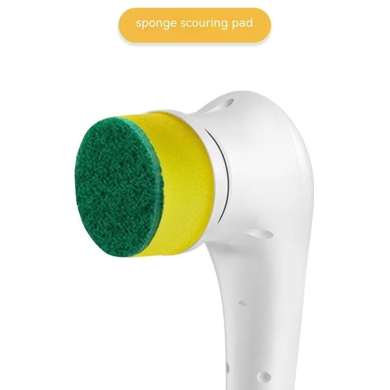 White USB rechargeable cordless electric cleaning brush with five different brush heads on a table.