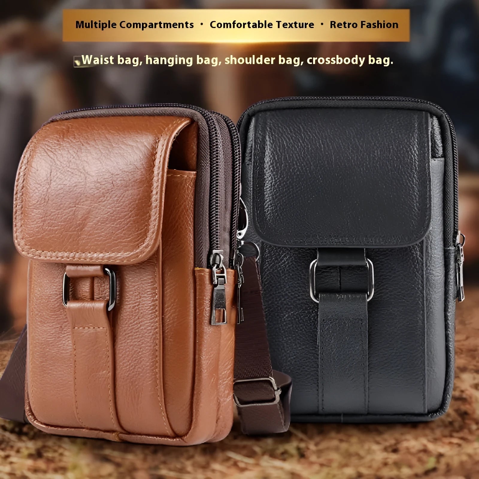 Men's black leather crossbody waist bag showing vertical square shape and lock detail.