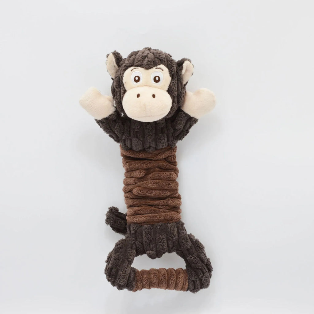 Large plush squeaky dog toy in hippo design with handle for tug-of-war.