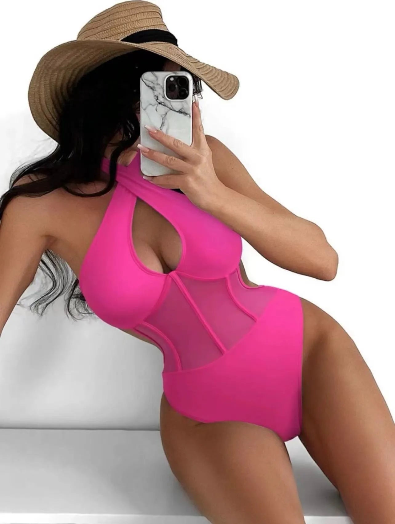 Women's black one-piece swimsuit bikini in spun yarn fabric with nylon polyester spandex blend