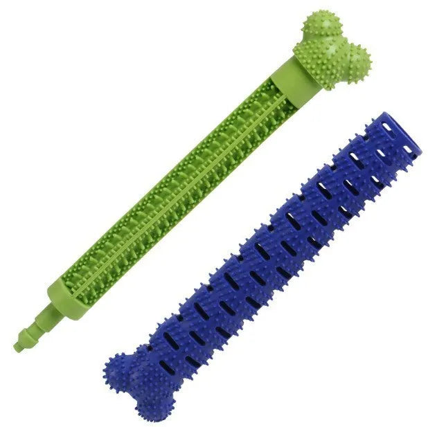 Blue green silicone dog toothbrush chew toy with bristles and nodules for teeth cleaning.