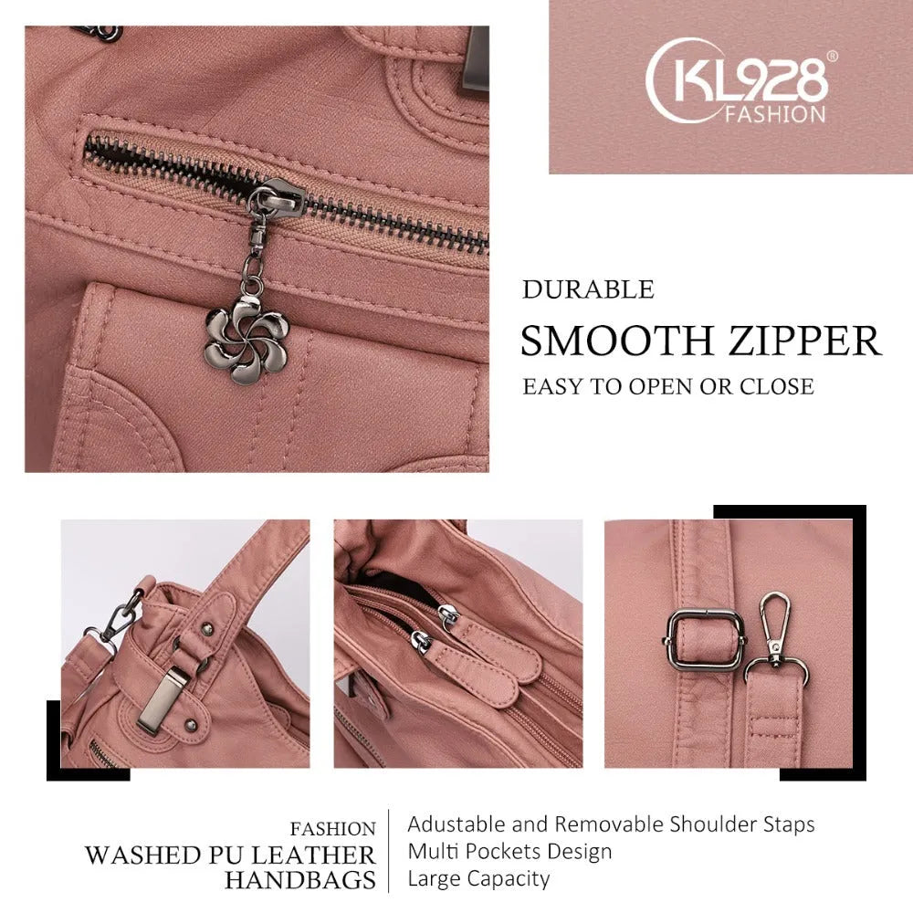 Fashion ladies soft PU leather messenger bag in pink with zipper closure and crossbody strap