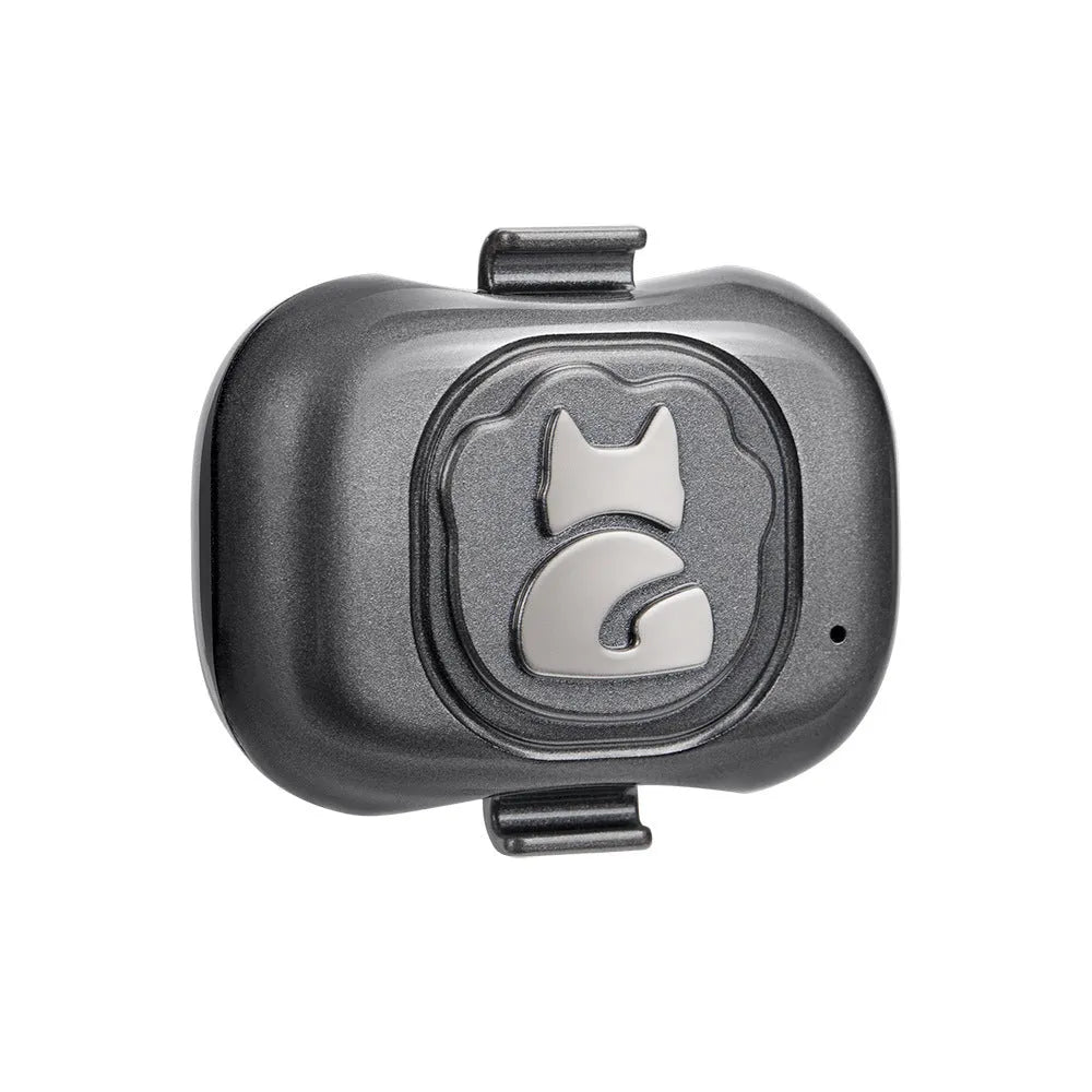 Black pet GPS locator device with hanging rope for collar attachment showing IP67 waterproof rating