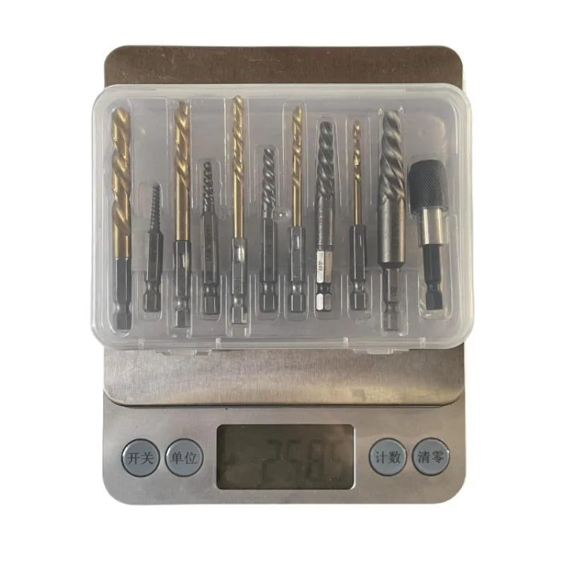 12-piece hexagonal handle screw extractor set in silver metal finish