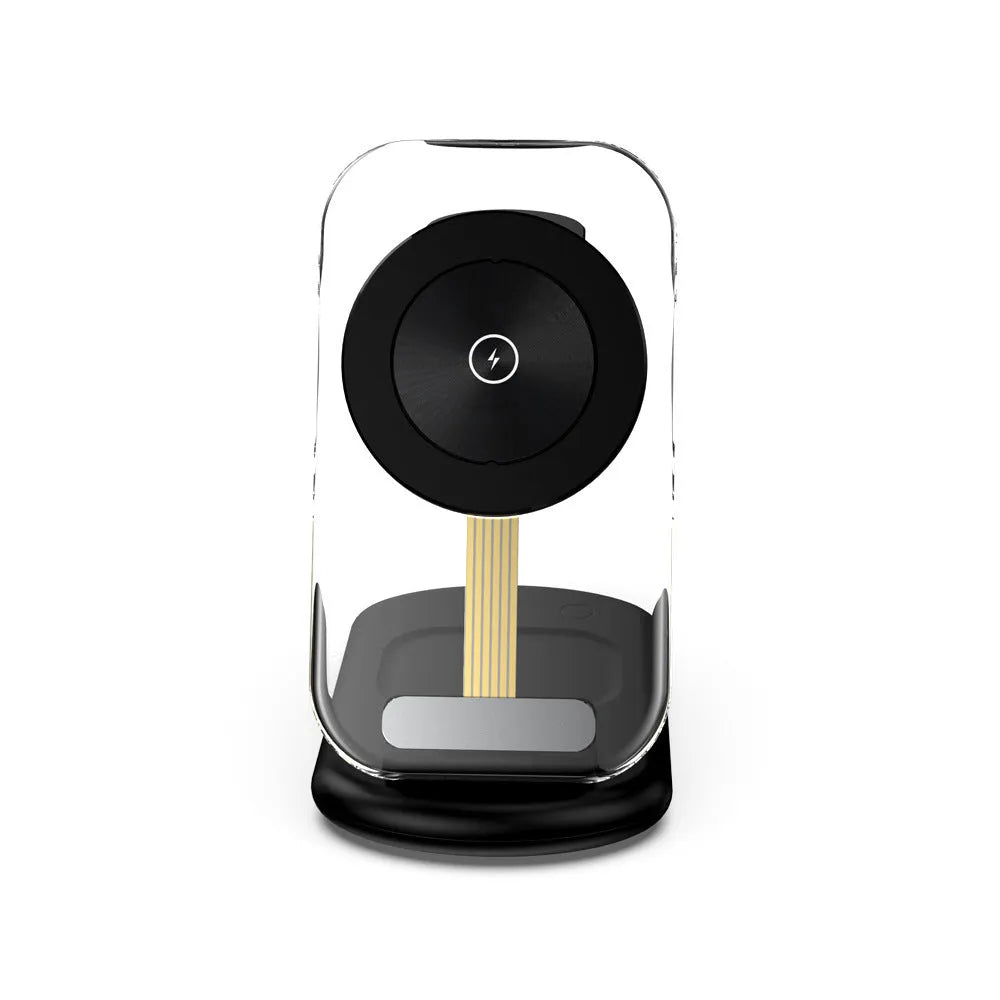 Clear folding wireless charger showing three internal coils, propped upright charging a mobile phone.