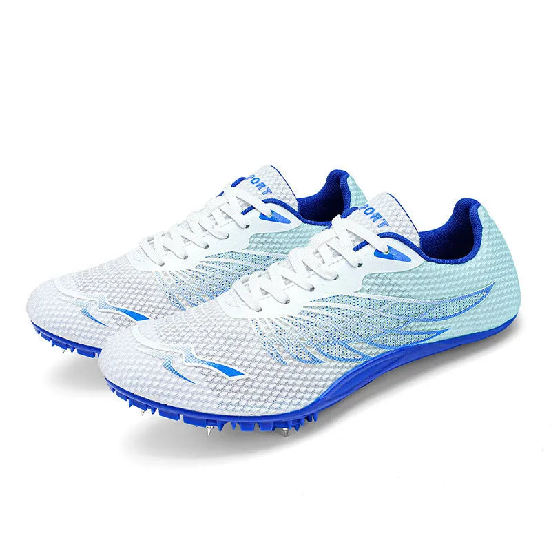 Track and field spiked shoes with mesh upper, PVC sole, front tie-up fastening, white and blue, sizes 36-45