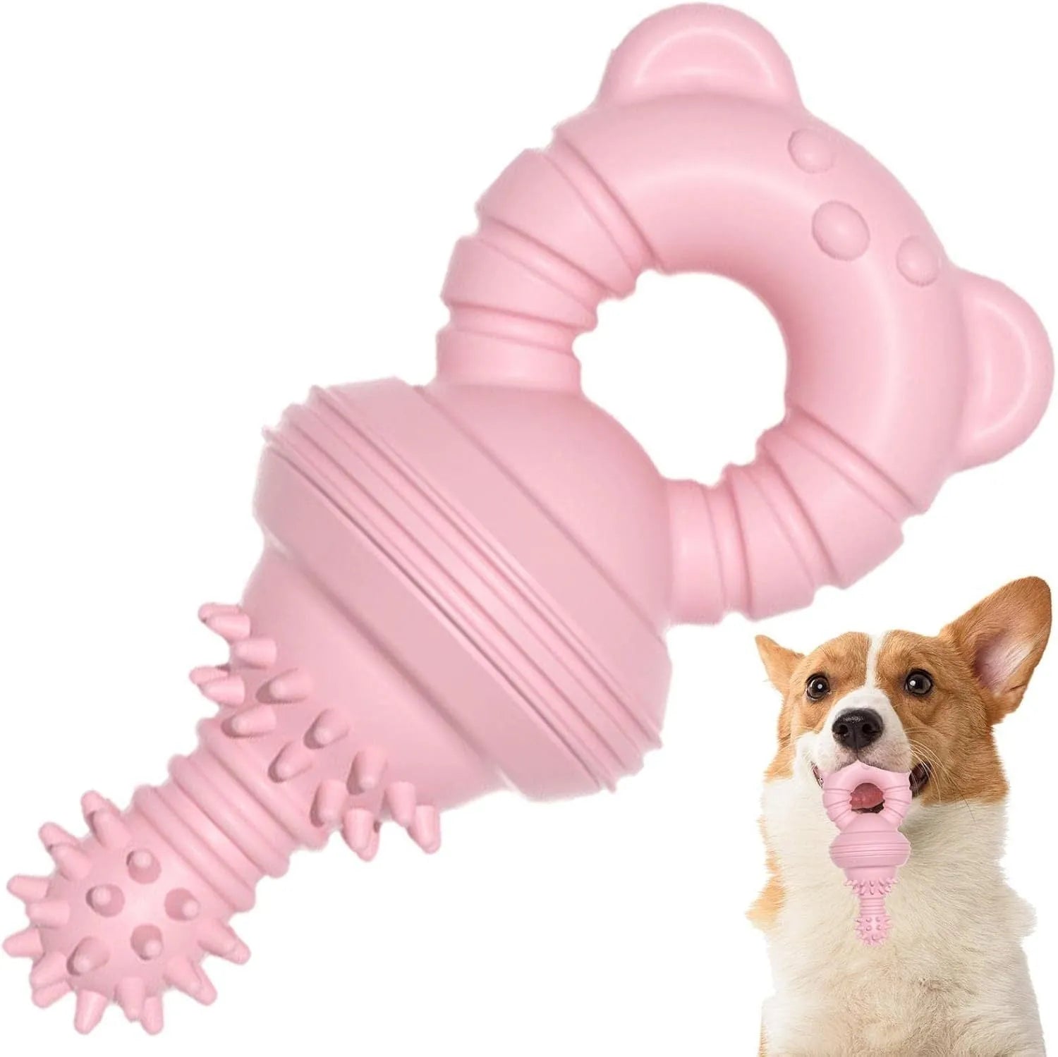 Blue rubber dog chew toy with textured surface and bell inside, for aggressive chewers.