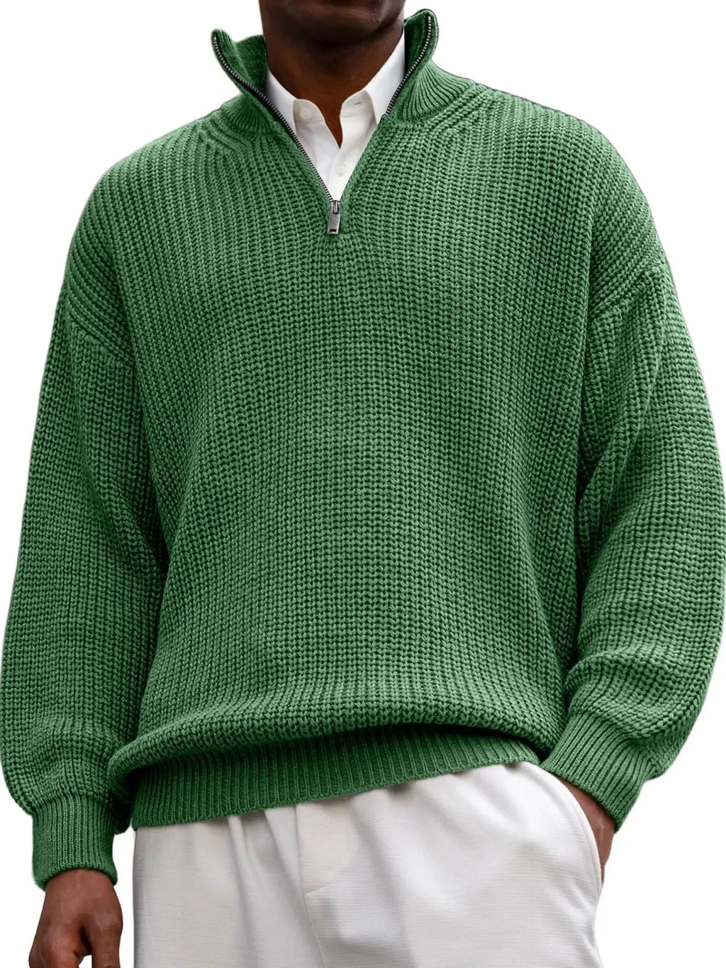 Men's half zip polo neck sweater, long sleeve loose fit pullover in black, gray, navy blue, green, brick red, army green, blue or brown
