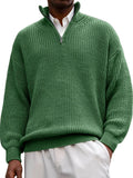 Men's half zip polo neck sweater, long sleeve loose fit pullover in black, gray, navy blue, green, brick red, army green, blue or brown