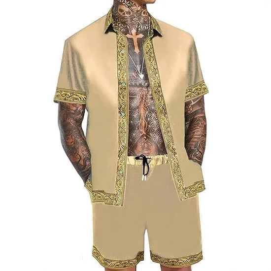 Men's casual loose short sleeve shirt and shorts set in Hawaiian suit style, polyester, eight styles, sizes S to 4XL