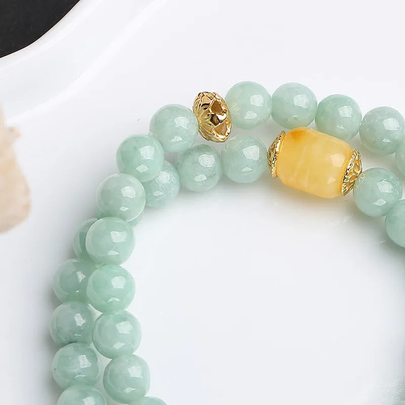Emerald green double-layer jade bracelet with geometric beeswax barrel beads