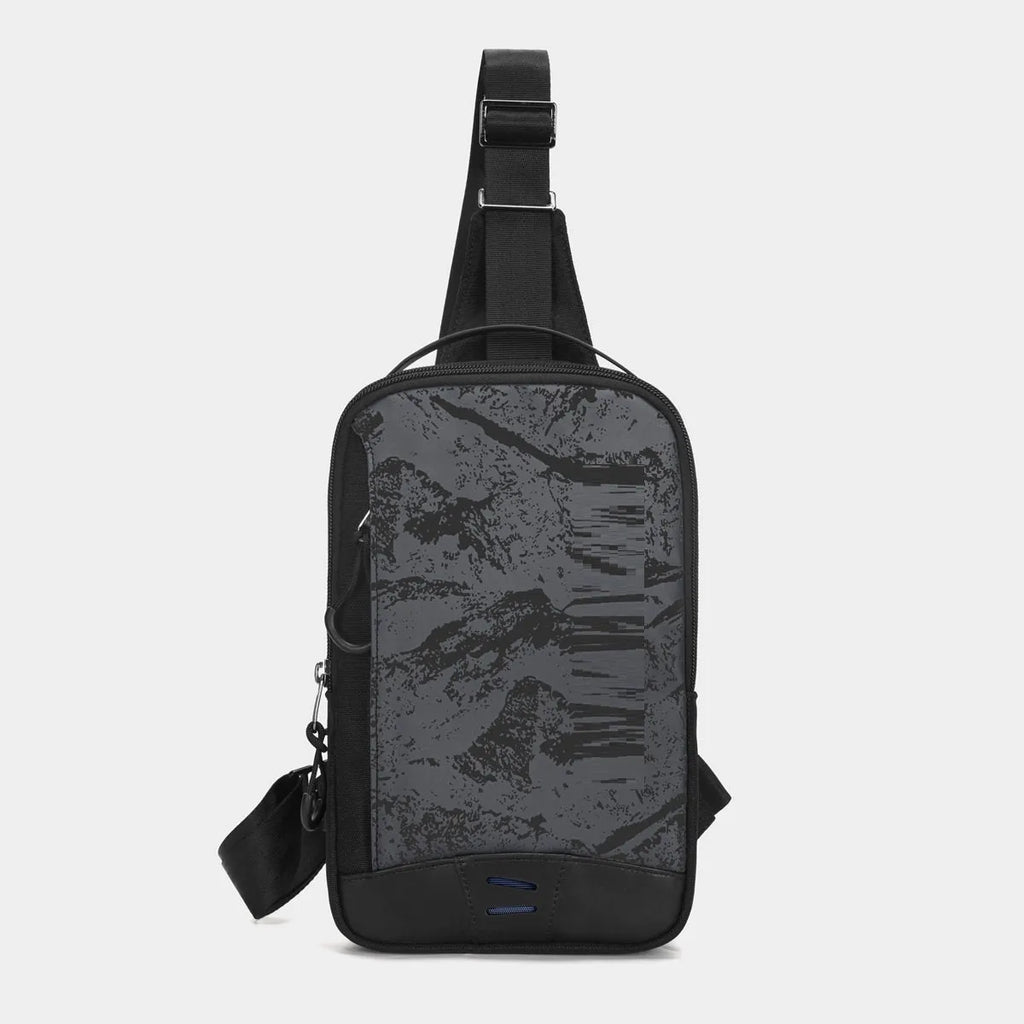 Casual black waterproof TPU chest bag with landscape camouflage pattern and adjustable shoulder strap