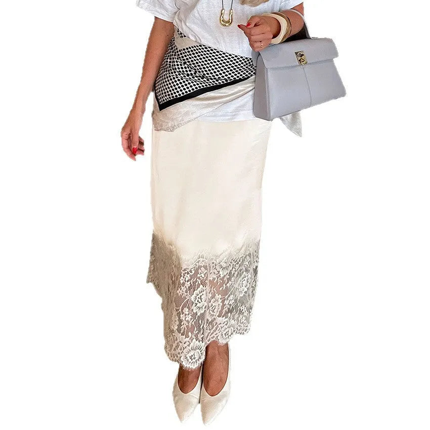 Apricot satin lace side-slit long skirt, polyester half skirt in sizes S M L