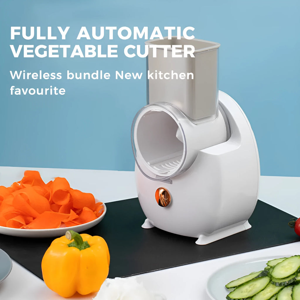 White electric vegetable slicer with rotary grater mechanism and suction base