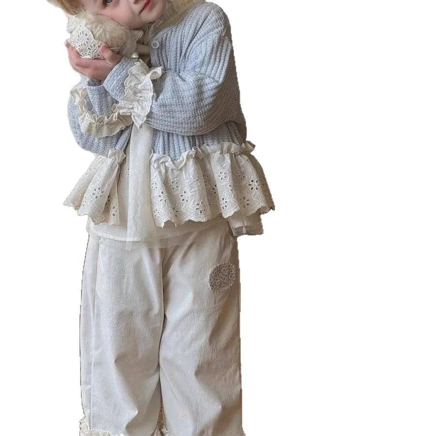 Girls mori style three-piece suit with knitted cardigan beige shirt and wide-leg cake pants in cotton