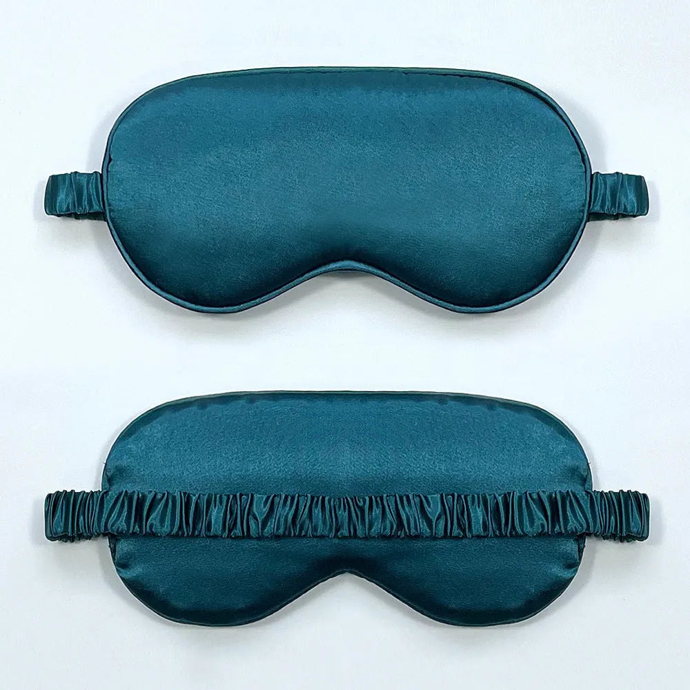 Double-sided silk-like eyeshade in rayon elastic satin shown in multiple colour options including black, beige, and wine red