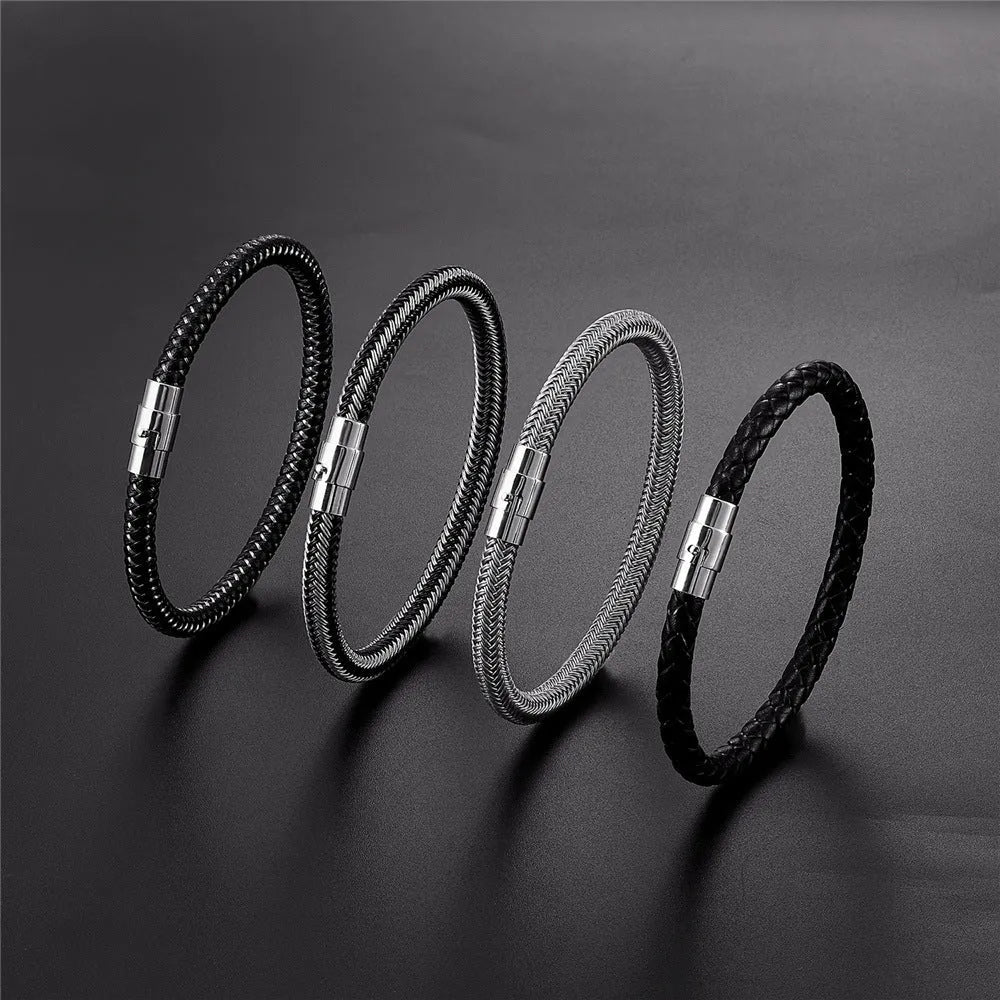 Geometric titanium steel wire bracelet with magnetic clasp on a wrist, showing minimalist unisex design.