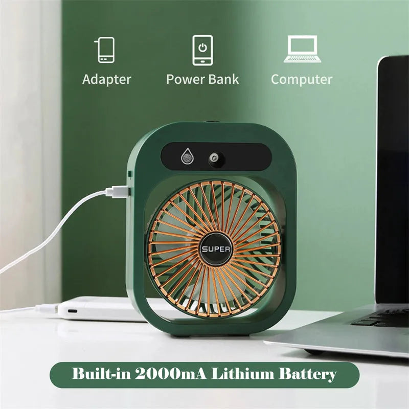 USB misting fan and humidifier in green or white, with three wind speeds and adjustable direction