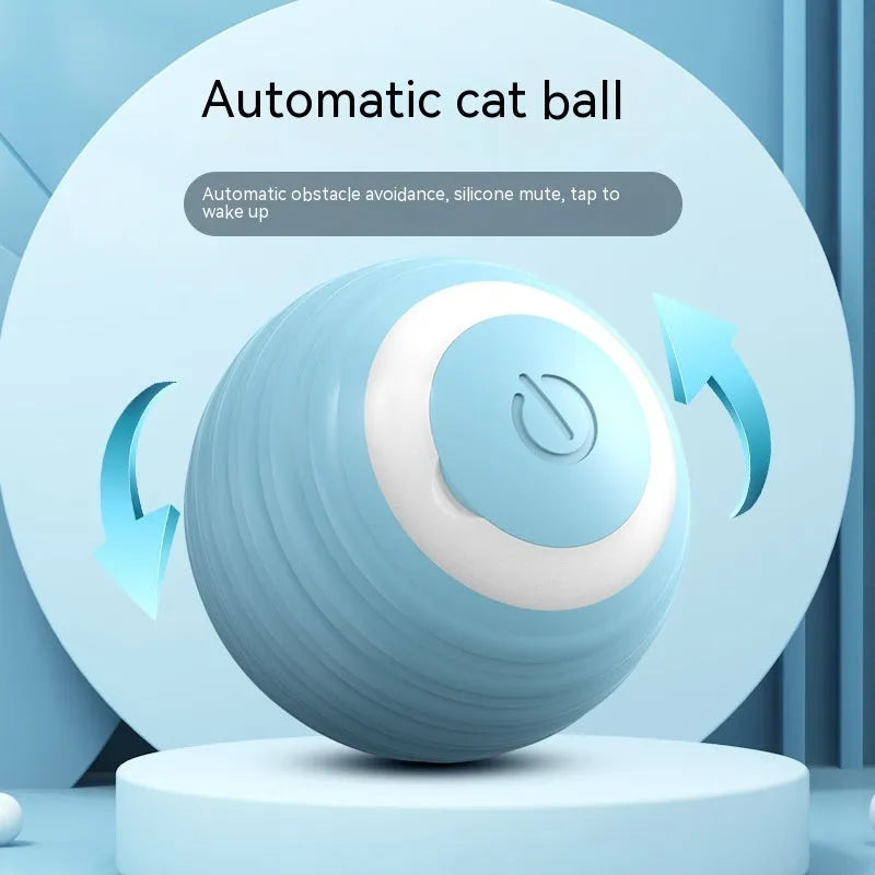 Blue automatic rechargeable moving ball cat toy on a wooden floor.
