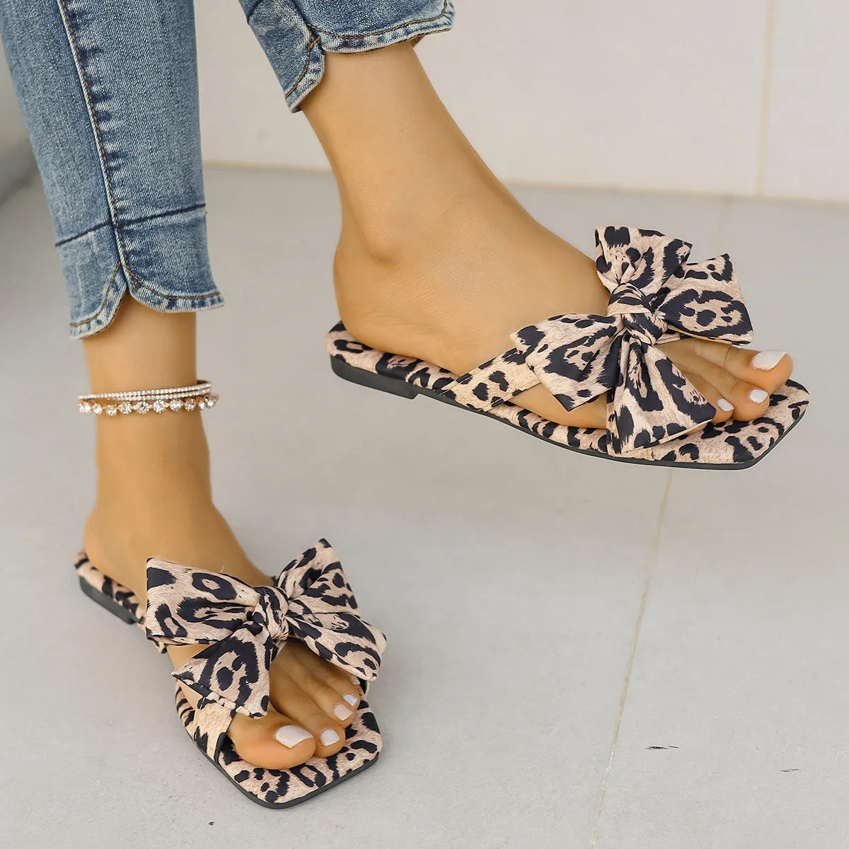Women's leopard print square toe sandals with bow detail and cloth upper