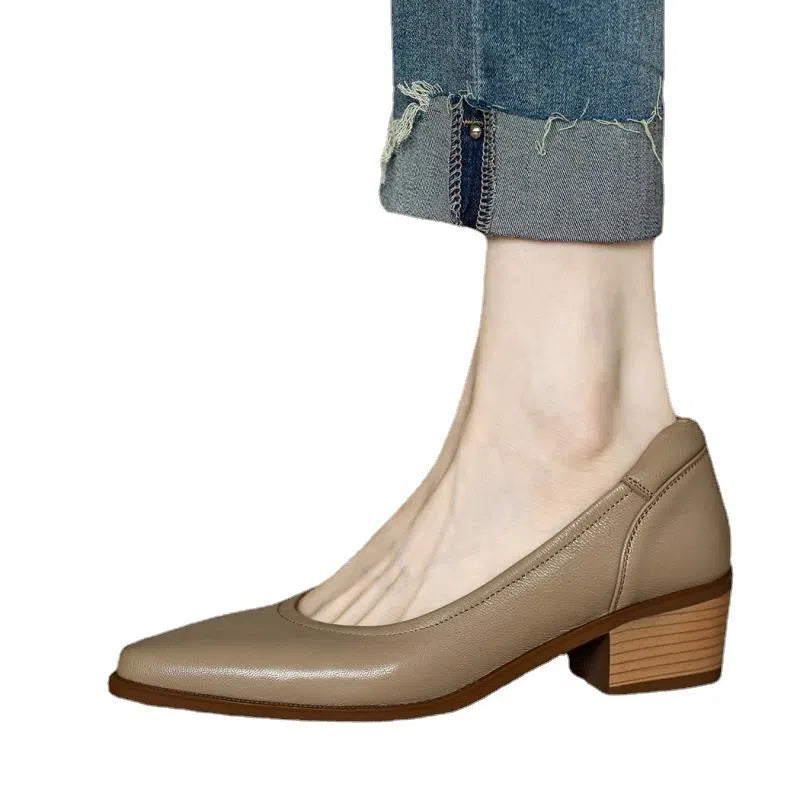 Women's retro brown pointed toe mid heel chunky heel commuting shoes with anti-slip sole, side view