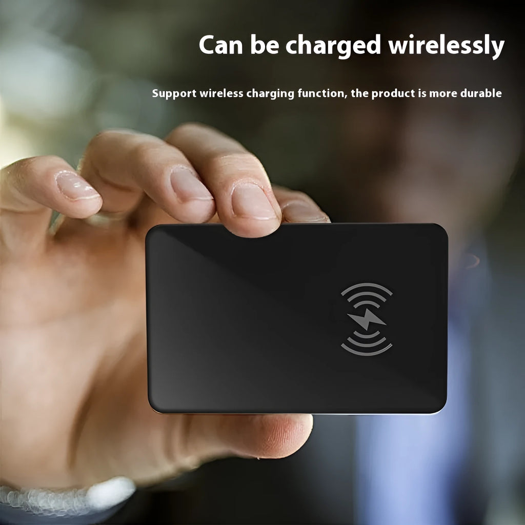 Black NFC pet tracking card with wireless charging, showing hanging hole and slim 2.1mm profile.