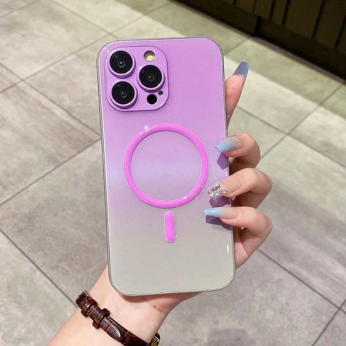 Luminous magnetic suction iPhone case in purple blue gradient, TPU PC, all-inclusive, for iPhone 11-14 Pro Max