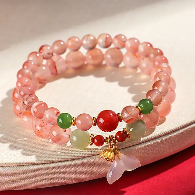 Women's agate fishtail bracelet with ice floating south red white colour pattern and manual craftsmanship
