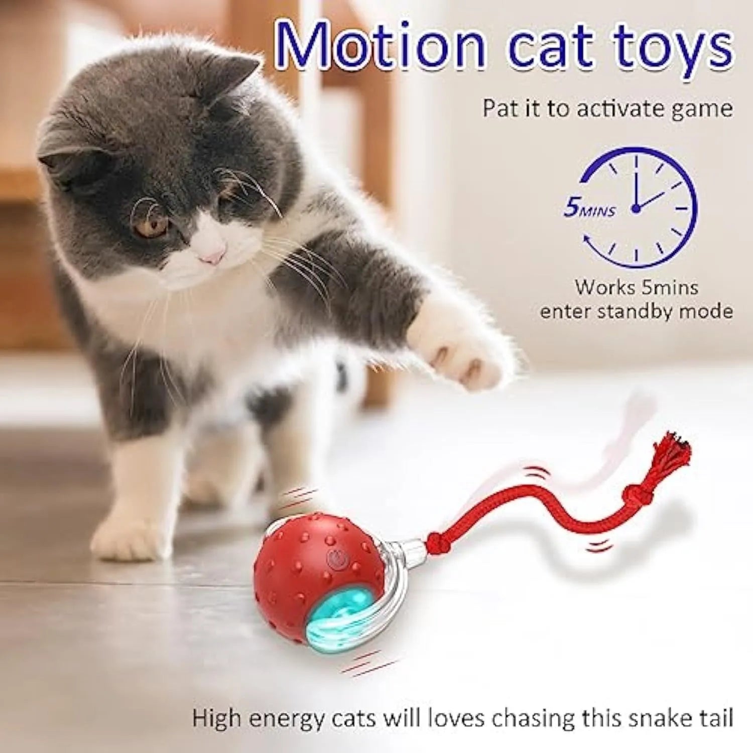 Red plastic interactive cat toy with motion activated chirping rolling on carpet for kittens