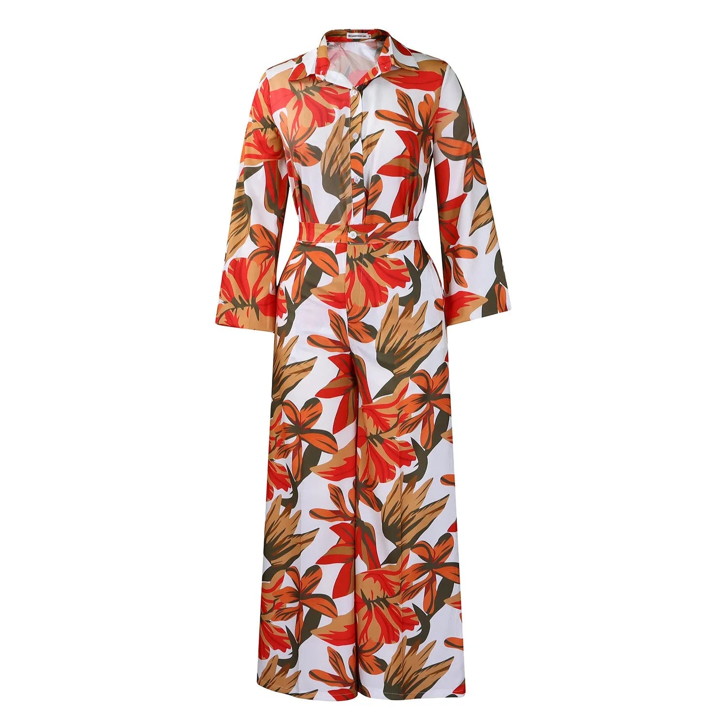 Red printed polyester women's shirt and wide leg trousers suit set showing front view