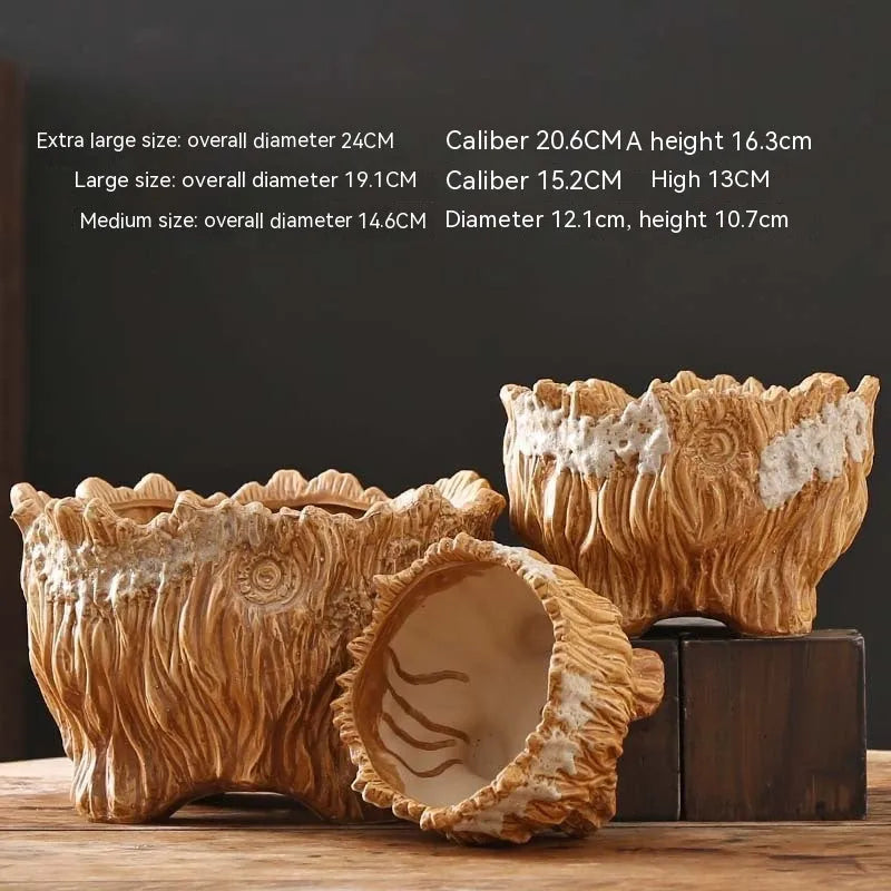 Ceramic wood shaped tree root flower pot in pastoral style, available in three sizes for succulent home gardening