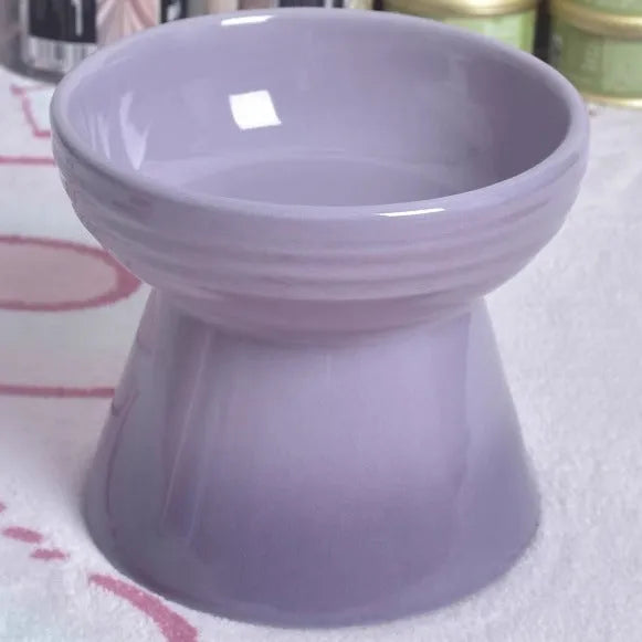 A high-footed white ceramic pet bowl with a slanted rim and non-slip black base, shown on a wooden floor.