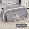 Green canvas pencil case with button closure, large capacity for pens.