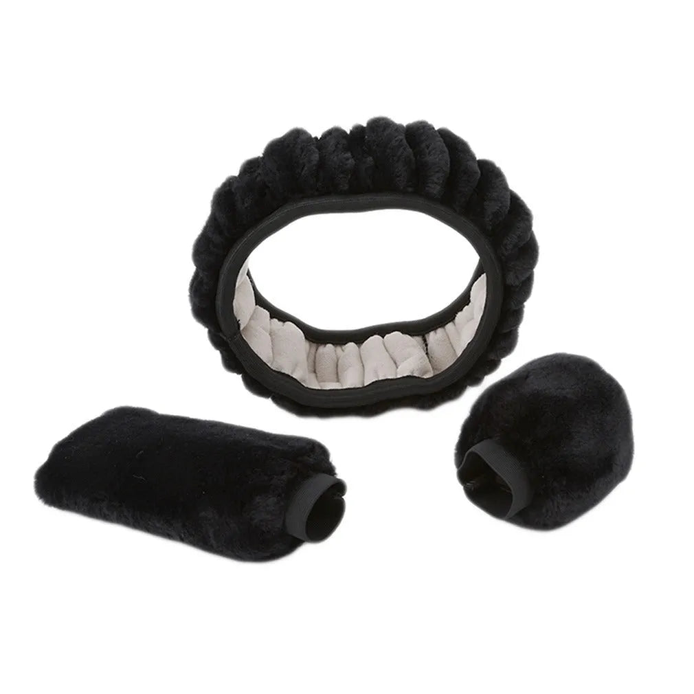 Winter plush car steering wheel cover set with gear knob and handbrake covers in multiple colour options