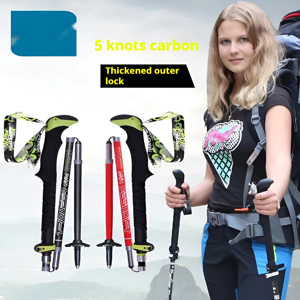 Carbon fibre folding climbing cane with tungsten steel tip shown in extended and collapsed positions
