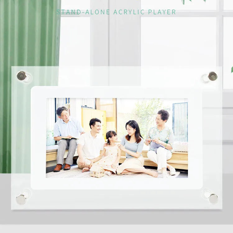 White vertical digital picture frame with 5-inch screen on a table