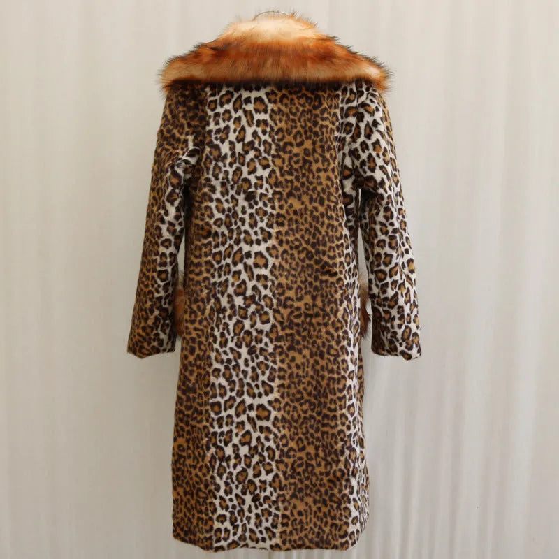 Long leopard print artificial fur jacket for women on a model.