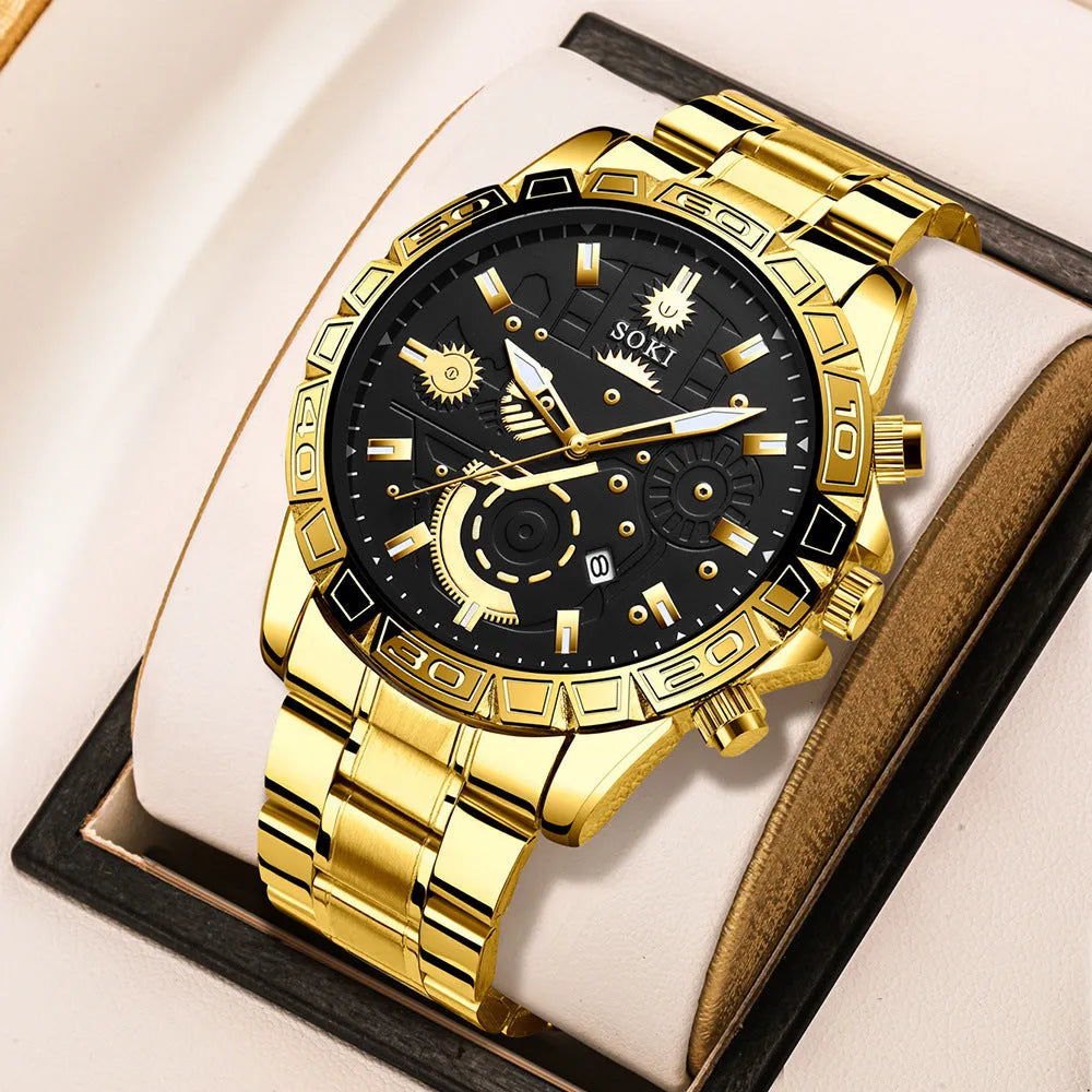 Gold men's steel business calendar quartz watch with stainless steel bracelet.